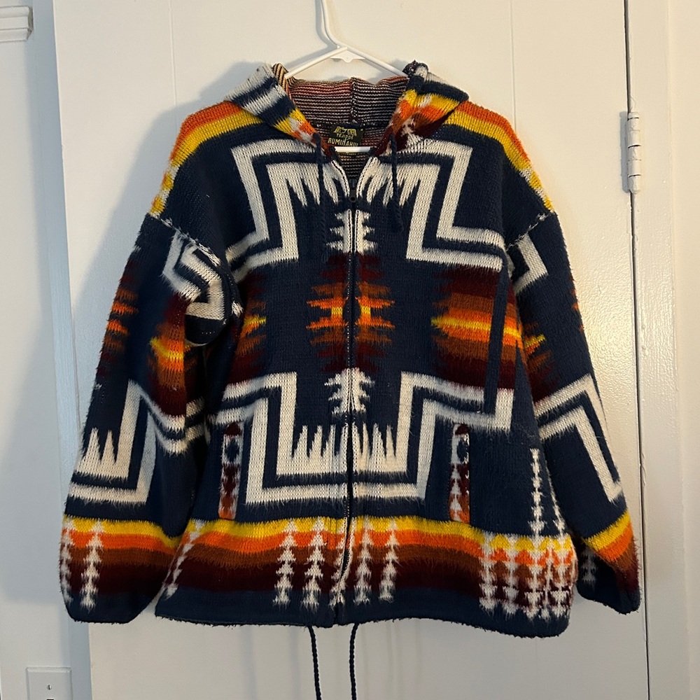 Vintage Tejidos Ruminahui Aztec Colorful Zip Up Jacket Ecuador Unique Sweater - Picture 1 of 7